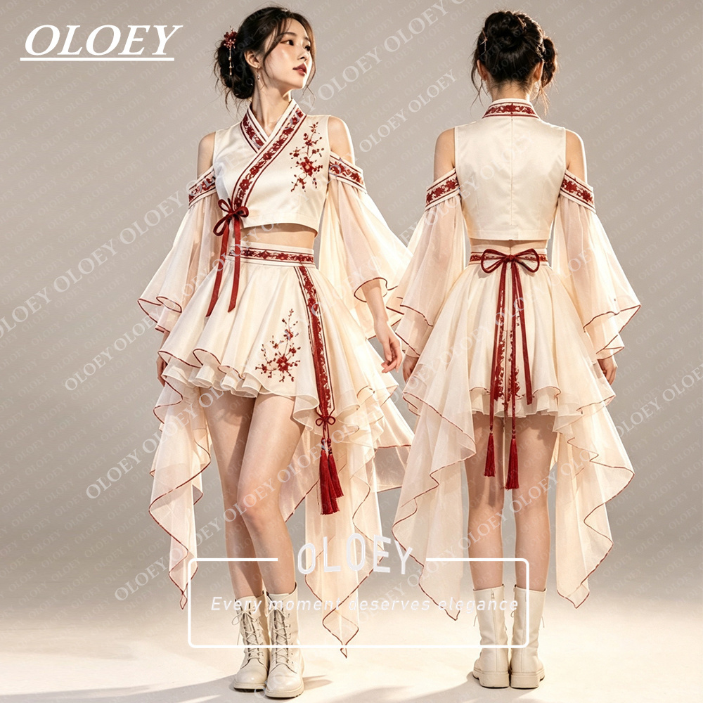 Hanbok Modern Set - OLOEY Modernes Rotes Besticktes Elfenbeinfarbenes Kurzes