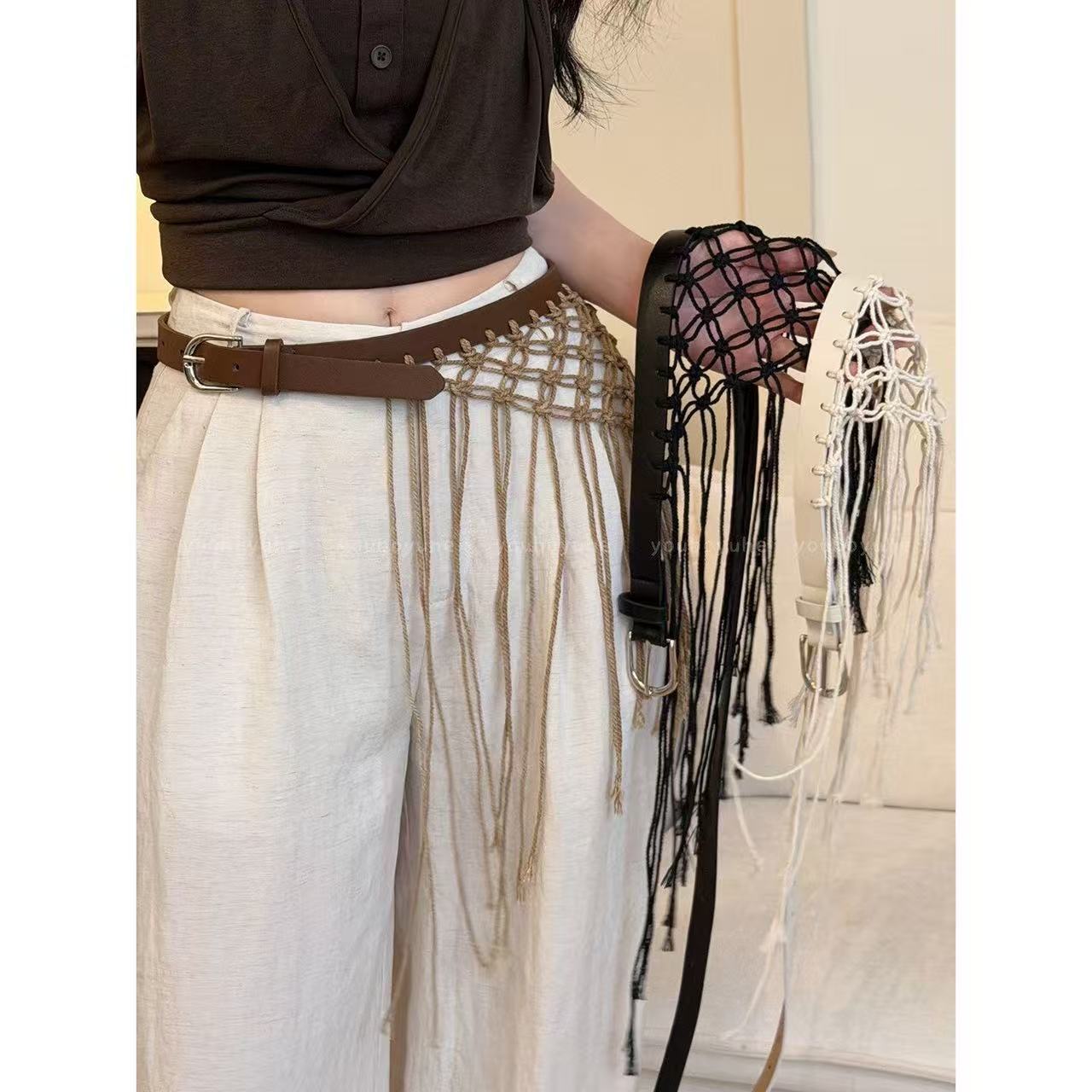 Y2K Ethnic Fashion - Lässige Y2K Quasten-Gürtel im Retro-Netz-Boho-Stil, Ethnische