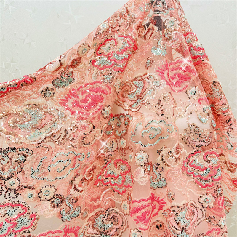 Ethnic Fabric - 2 Yards/Lot 130cm Breiter Rosa-Lila Blumen-Stickerei-Pailletten-Spitzenstoff,