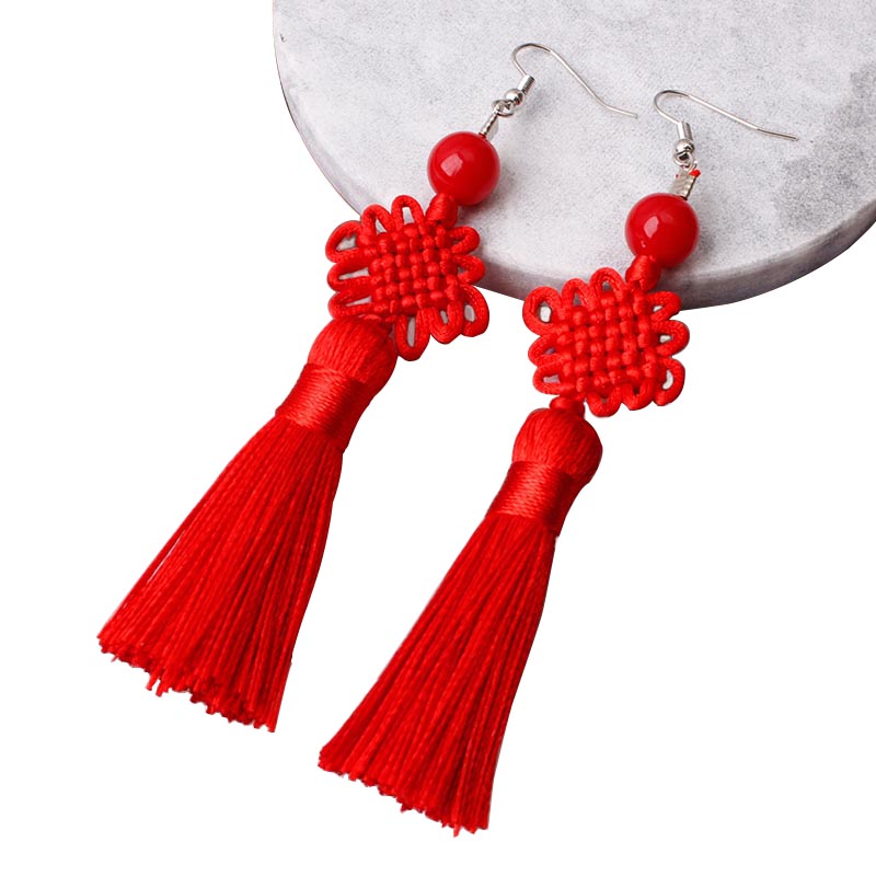 Y2K Ethnic Fashion - Bunte, geflochtene chinesische Knoten-Quasten-Ohrringe für Damen,