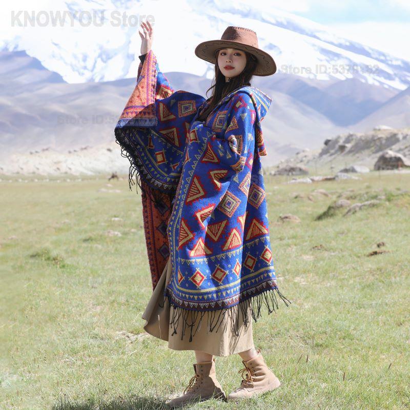 Ethnic Fashion Photography - Damen Ethnischer Stil Kapuzenumhang Schal Verdickter