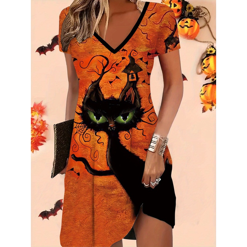 Y2K Ethnic Fashion - Halloween-Print mit schwarzem Katzenkopfmuster, sexy, schmal