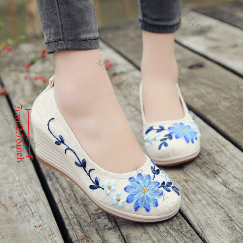 The Ethnic Fashion - Bestickte Damen-Komfort-Keilabsatzschuhe, modische Schleifen-Damenschuhe mit hohen