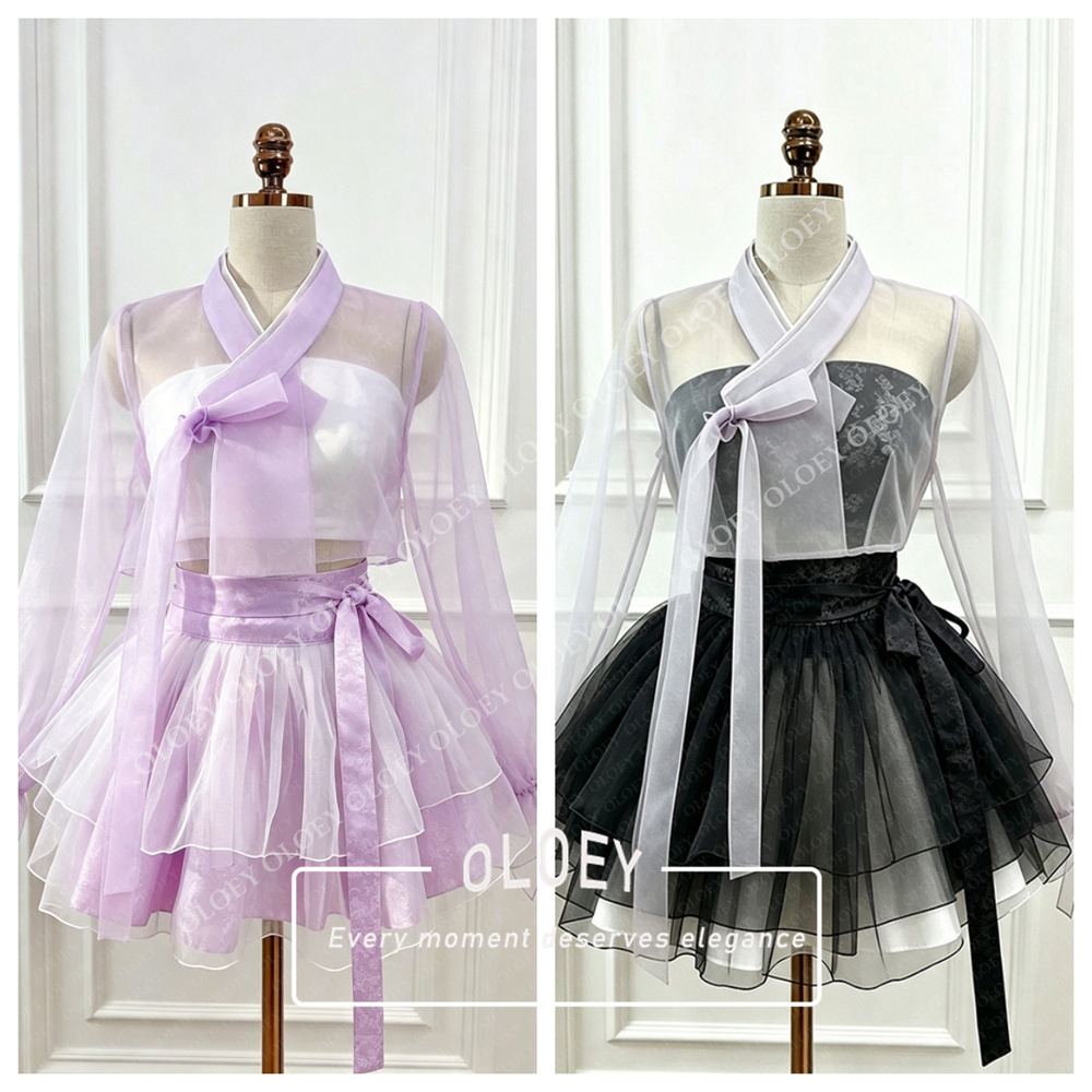 Hanbok Modern Set - OLOEY Modernes Schwarz-Rotes Kurzes Konzert-Hanbok-Set 2-teilig