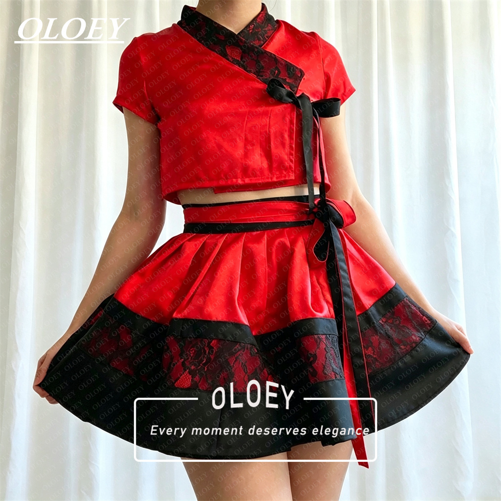 Hanbok Modern Set - OLOEY Modernes Schwarz-Rotes Kurzes Konzert-Hanbok-Set 2-teilig