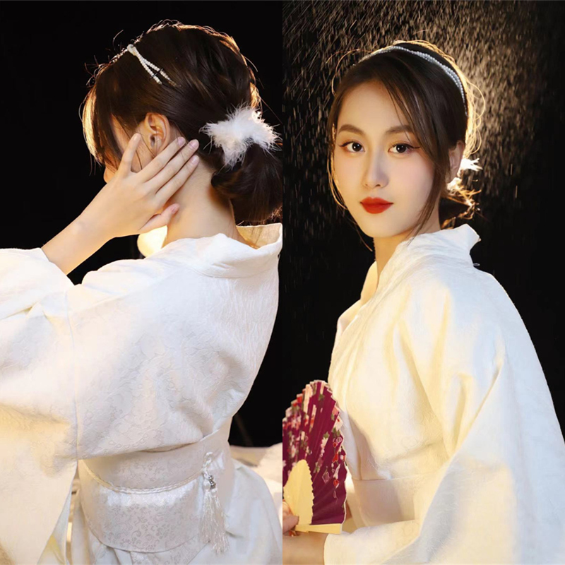 Ethnic Fashion Shoot - Retro Japanischer Stil Kimono-Kleid Spitzen-Abendkleid Weiß