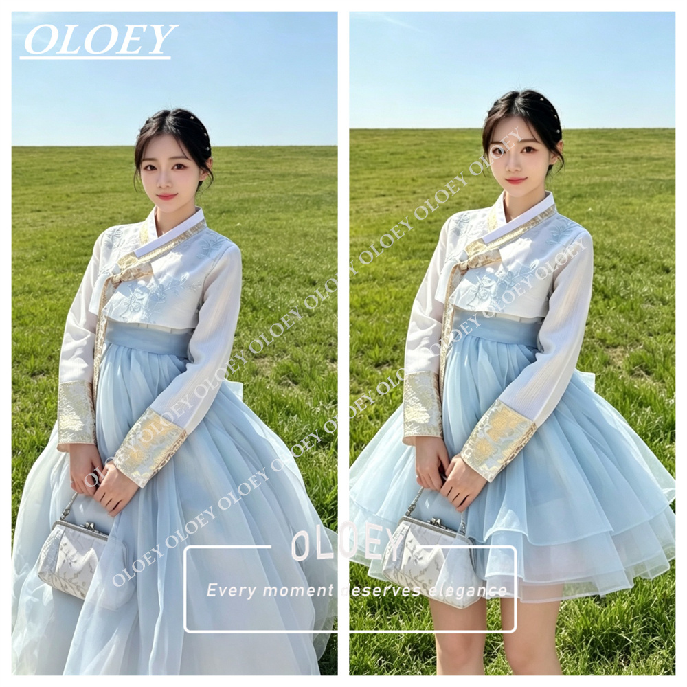Hanbok Modern Set - OLOEY Elegantes Hellblaues Elfenbeinfarbenes Koreanisches Hanbok-Set,